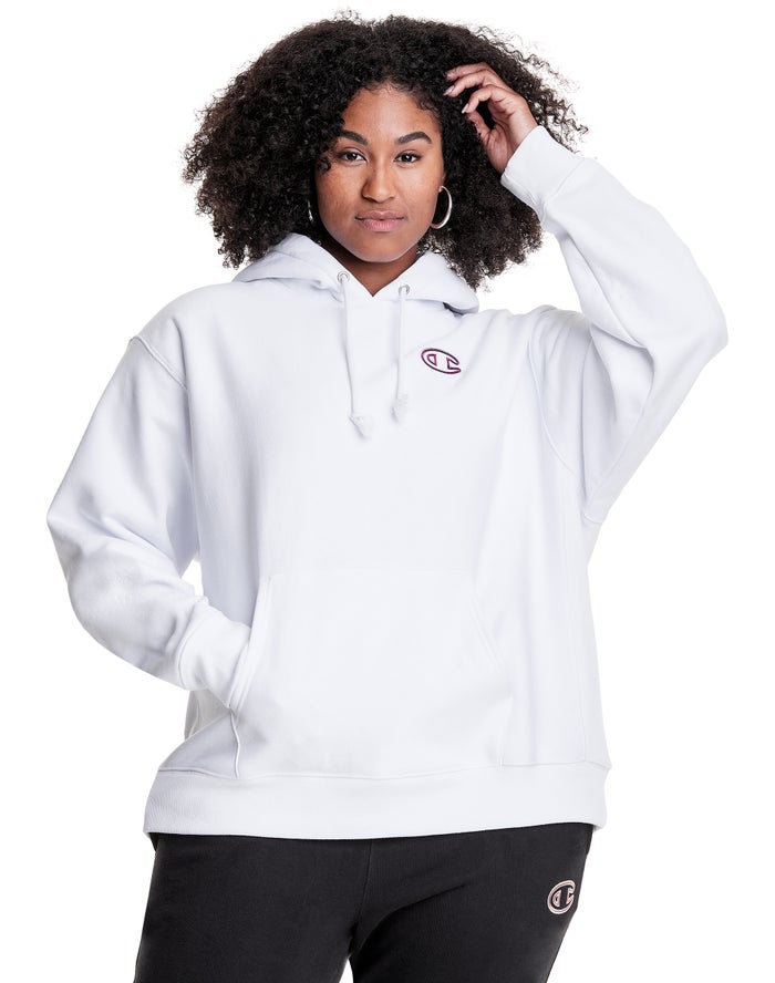 Champion Plus Reverse Weave Triple Outline Logo Kadın Kapşonlu Sweatshirt Beyaz ( FECAZK805 )